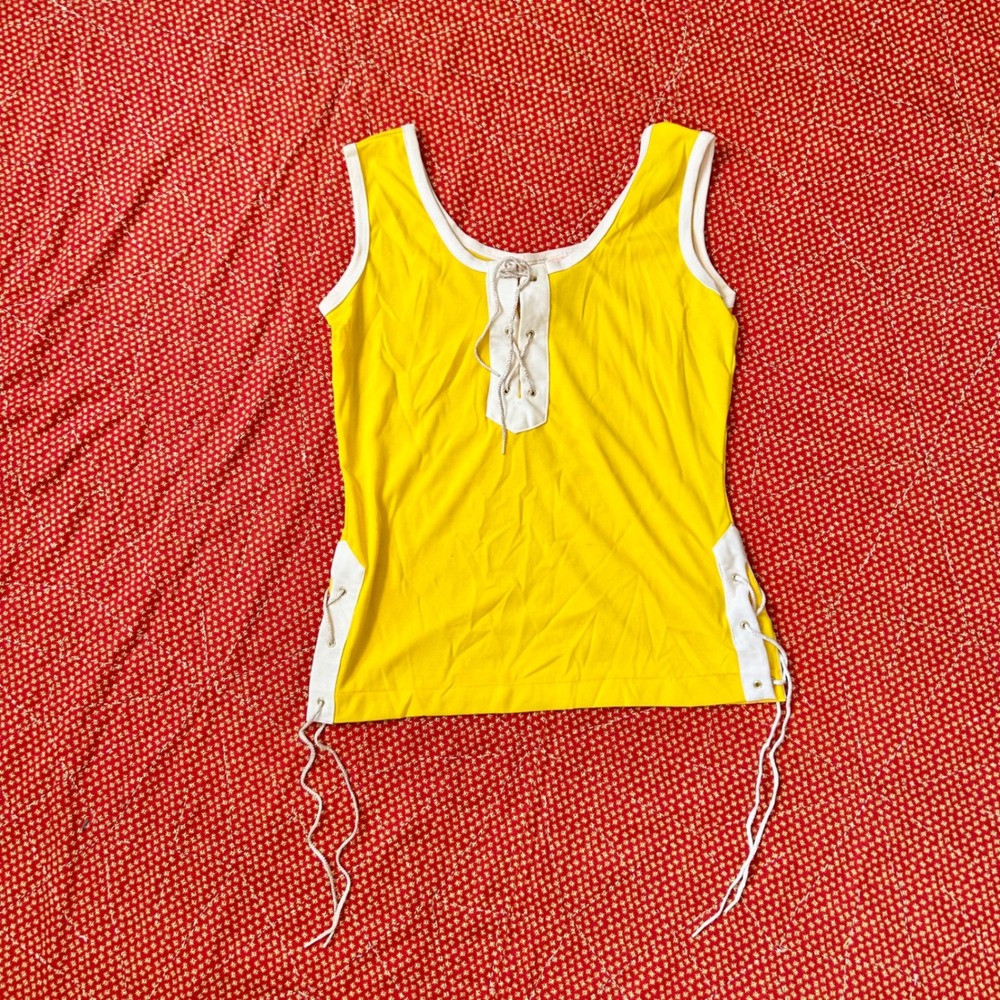 Vintage 70s Yellow Lace Up Side Tank Top Sleeveless Shirt